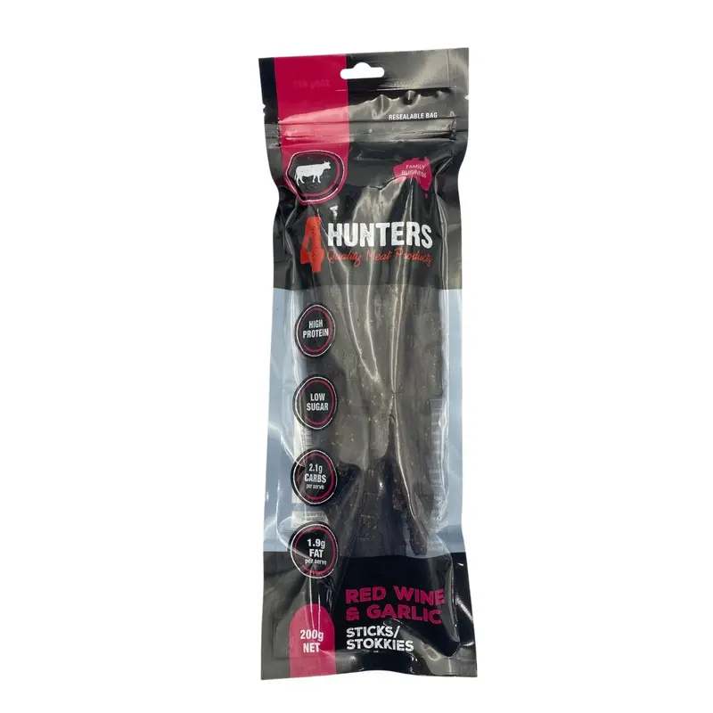 4 Hunters Red Wine & Garlic Jerky Sticks 200G 1
