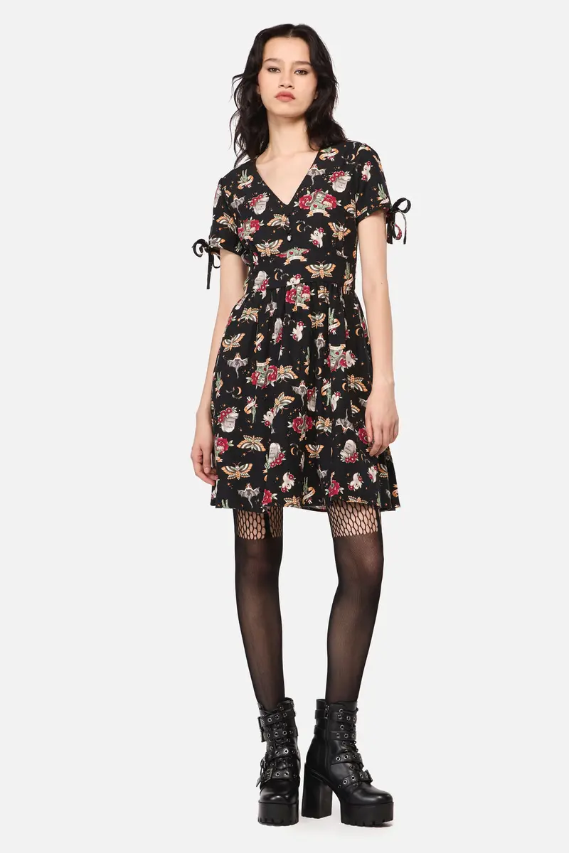 All Hallows Eve Tattoo Print Short Sleeve Dress 1