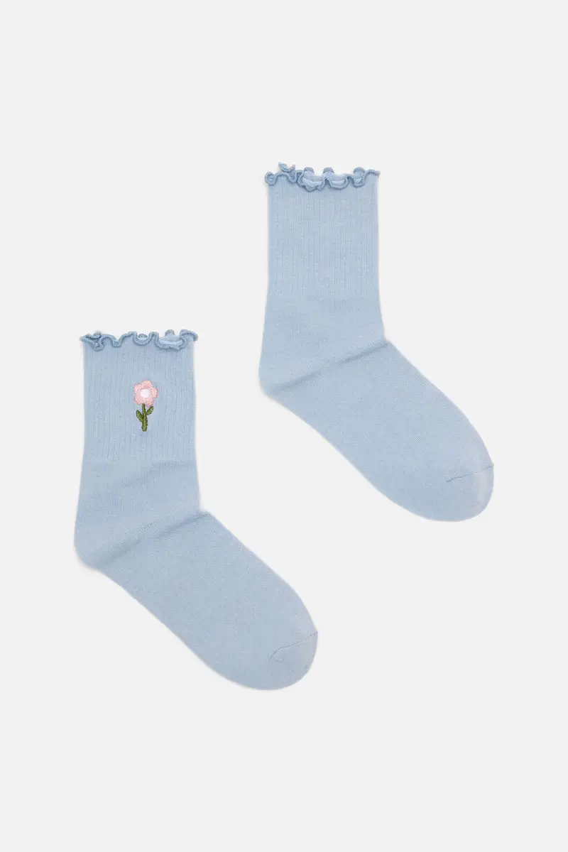 Blue Embroidered Daisy Sock 1
