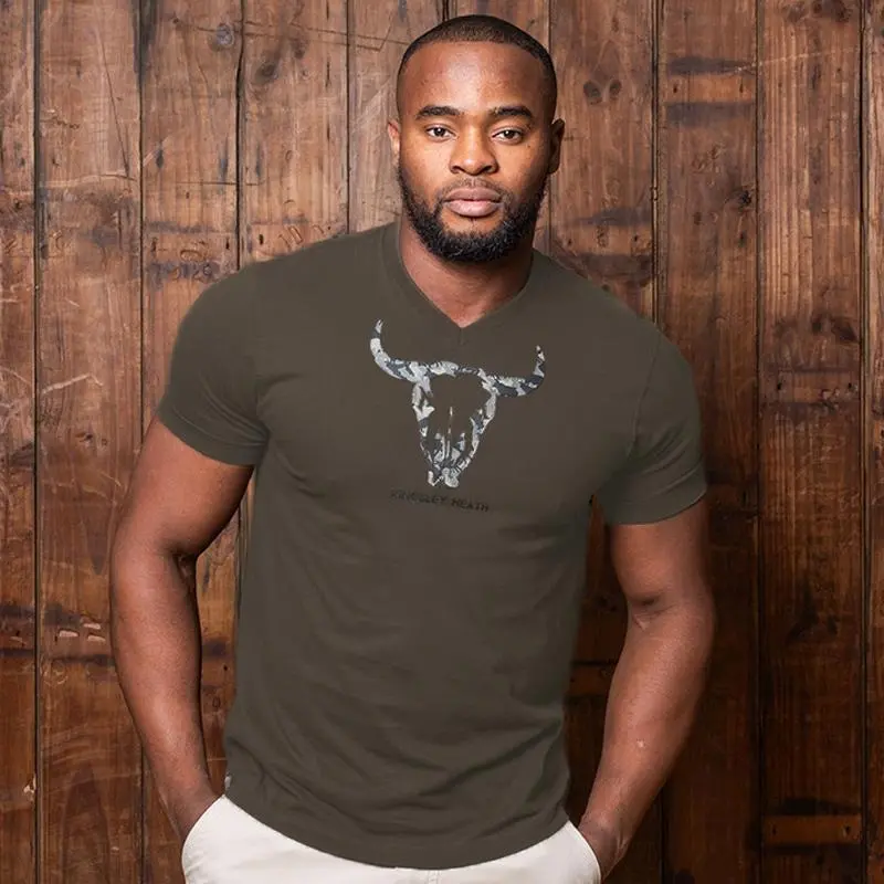Camo Outline Skull V-Neck Tee - Fatigue 1