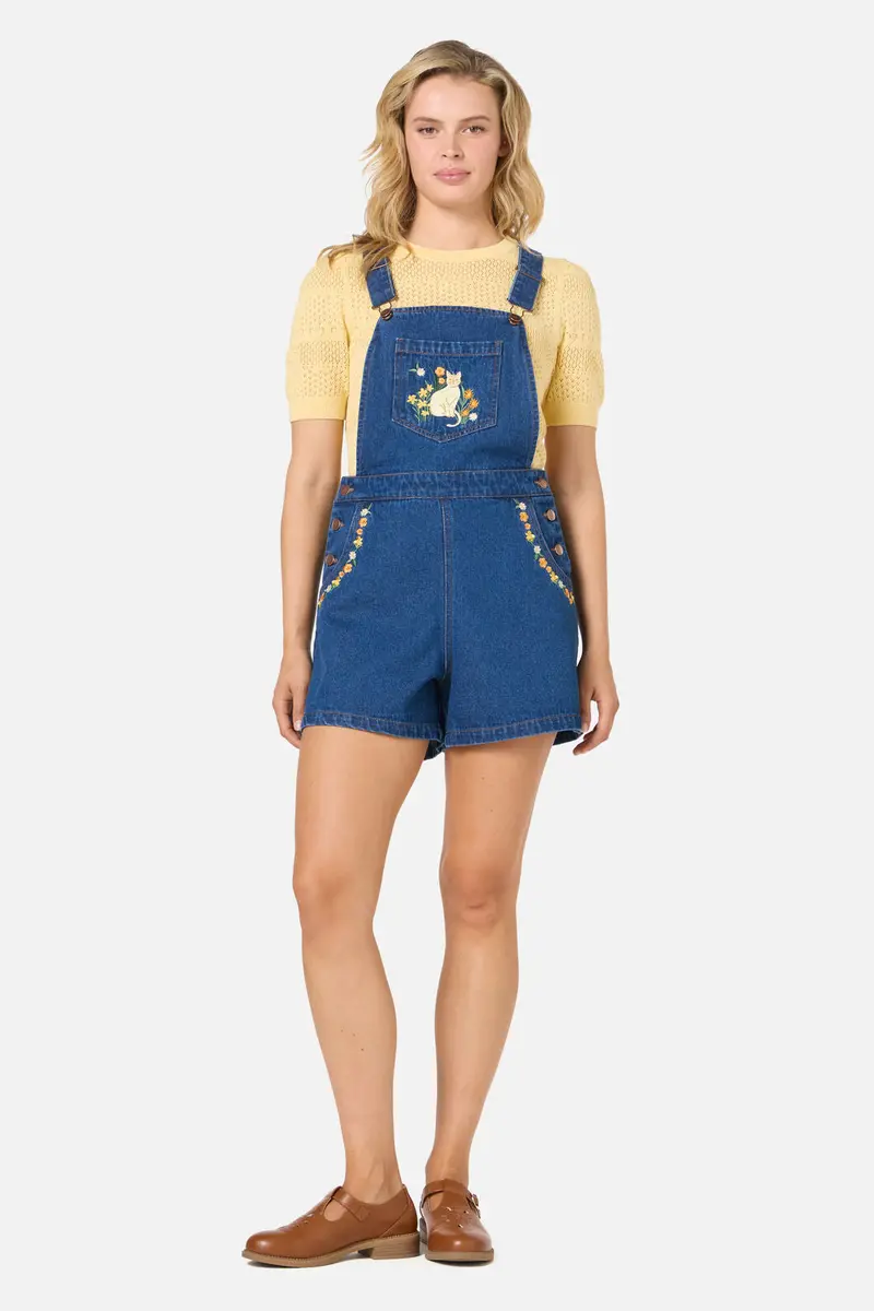 Cats Embroidered Short Overall 1