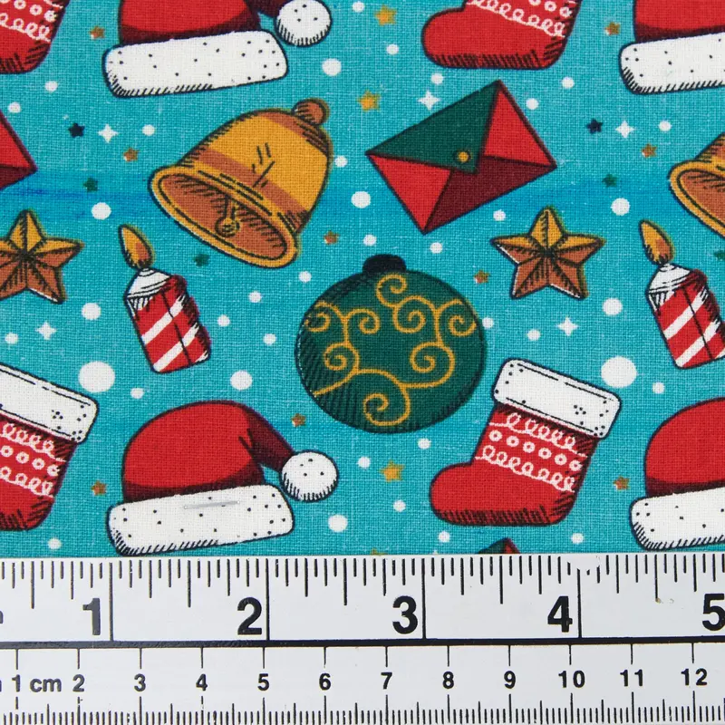 Christmas Cotton Print Fabric, Blue Hats & Stocking- Width 112Cm 1