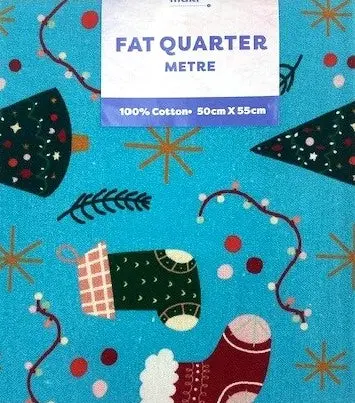 Christmas Print Cotton Fat Quarters, Blue Stockings & Trees - 50Cmx55cm 1