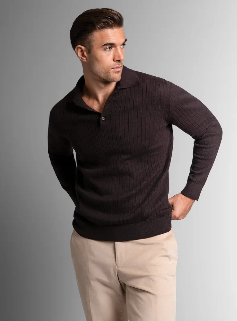 Cotton/Cashmere Fine Rib Brown Polo Knit 1