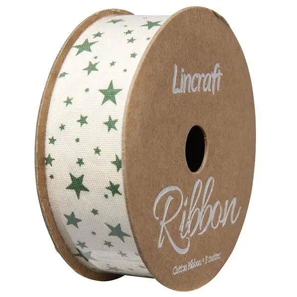 Cotton Ribbon, Emerald Stars- 25Mm X 3M 1
