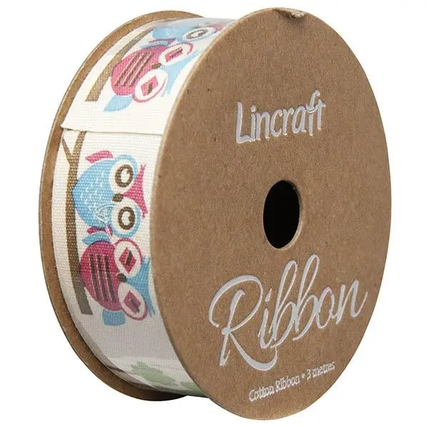 Cotton Ribbon, Pink Blue Owl- 25Mm X 3M 1