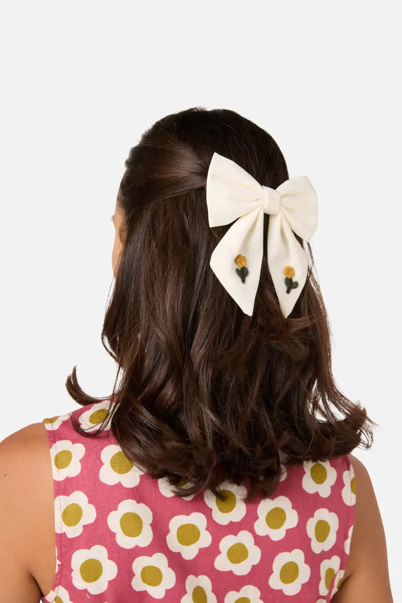 Cream Embroidery Bow Barrette 1