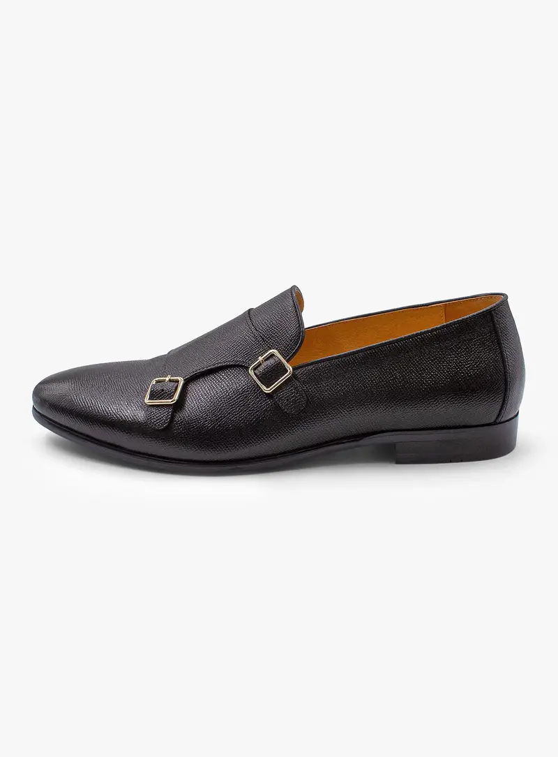 Fabio Pebbled Leather Black Double Monk Loafer 1