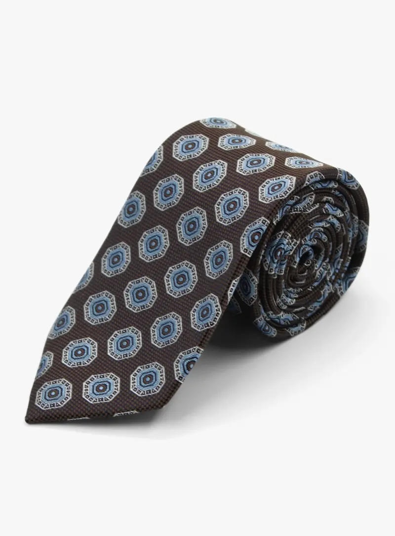 Geometric Brown & Sky Blue Silk Tie 1
