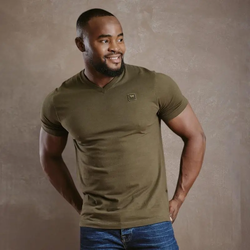 Kingsley Solid Antique Brass Badge V-Neck Tee - Fatigue 1
