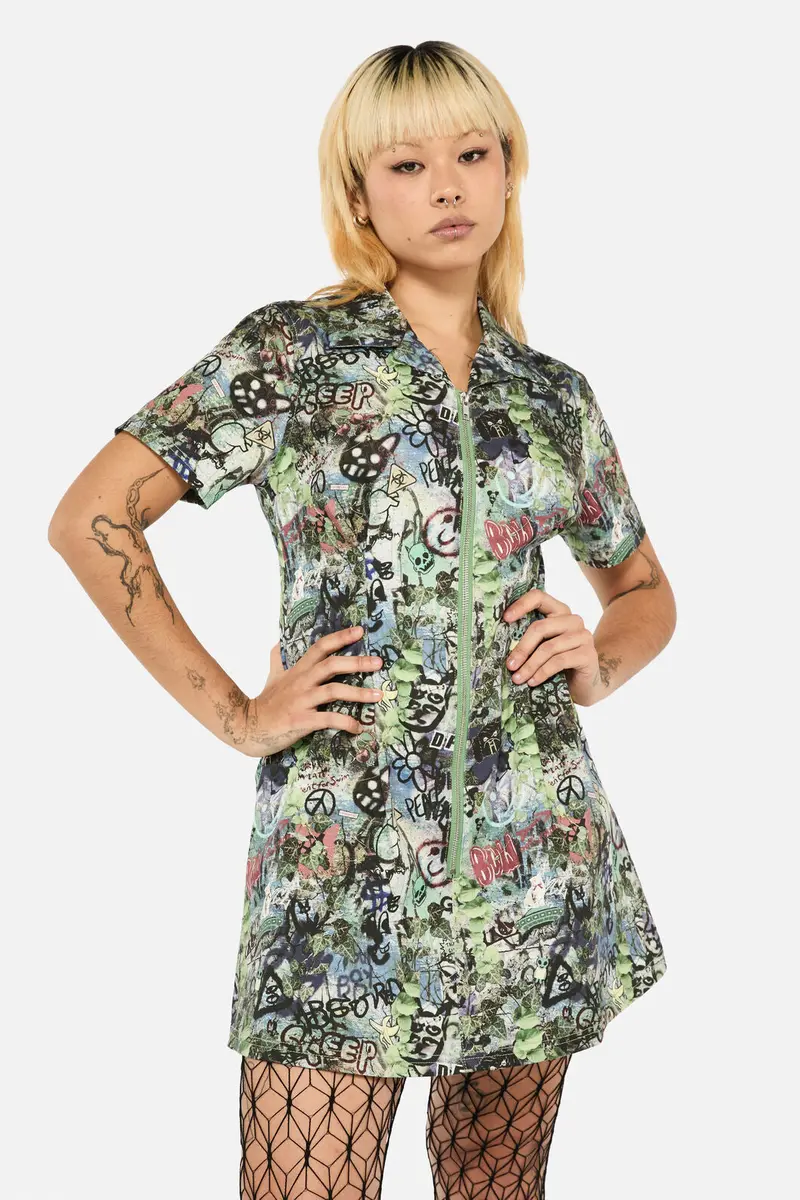 Laneway Zip Print Ss Skater Dress 1