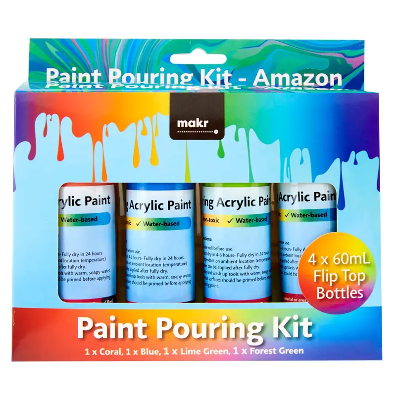 Makr Paint Pour Kit, Amazon Coral (Blue, Lime Green, Forest Green)- 4Pk 1