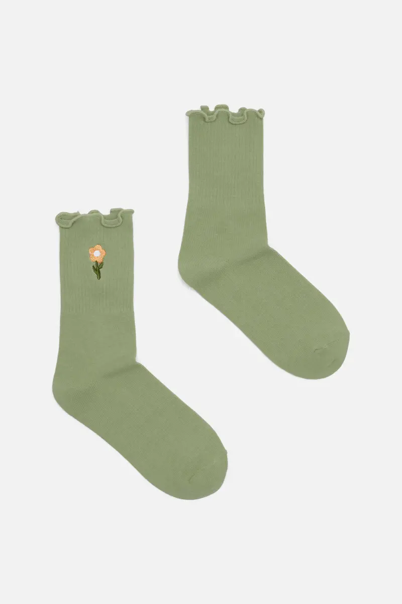 Mint Embroidered Daisy Sock 1
