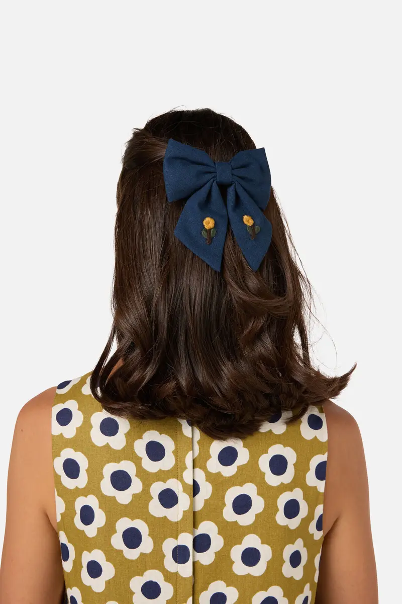 Navy Embroidery Bow Barrette C 1