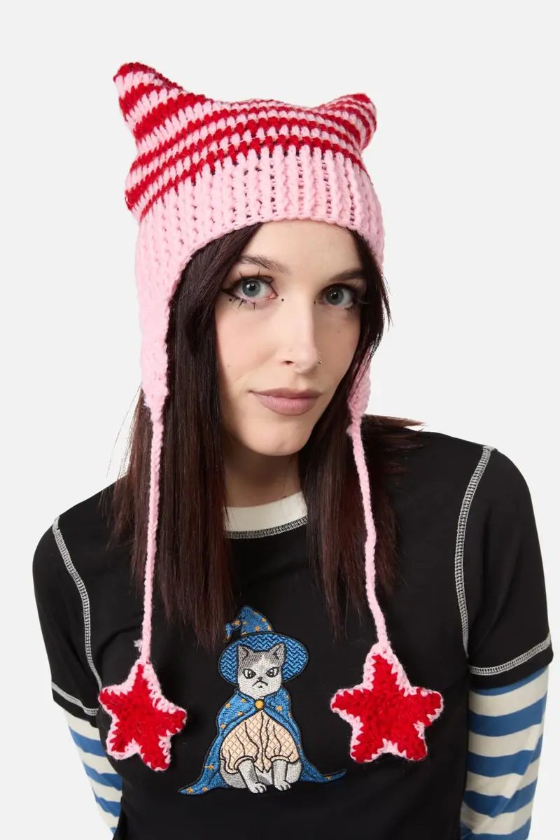Pink Red Stripe Star Beanie 1