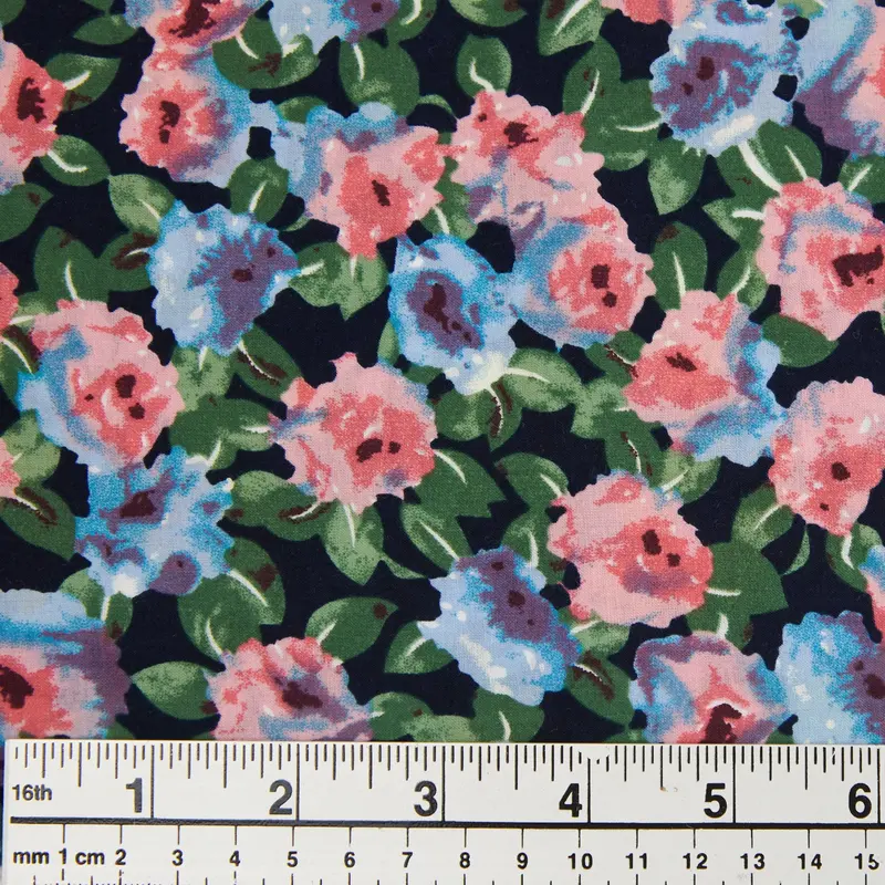 Printed Cotton Voile Fabric, Blue Pink Floral- Width 140Cm 1