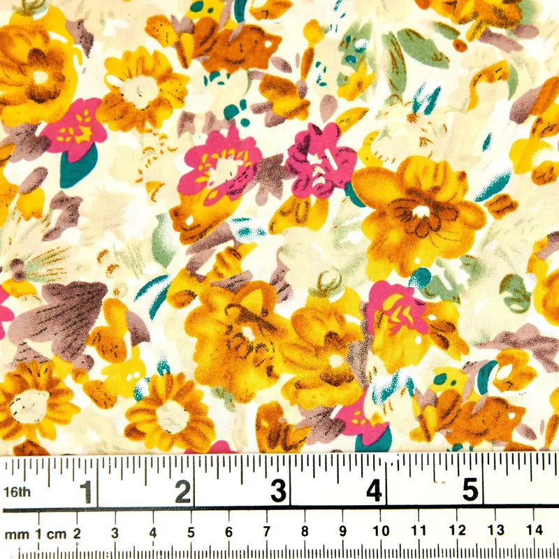 Printed Cotton Voile Fabric, Gold And Pink Flowers- Width 140Cm 1