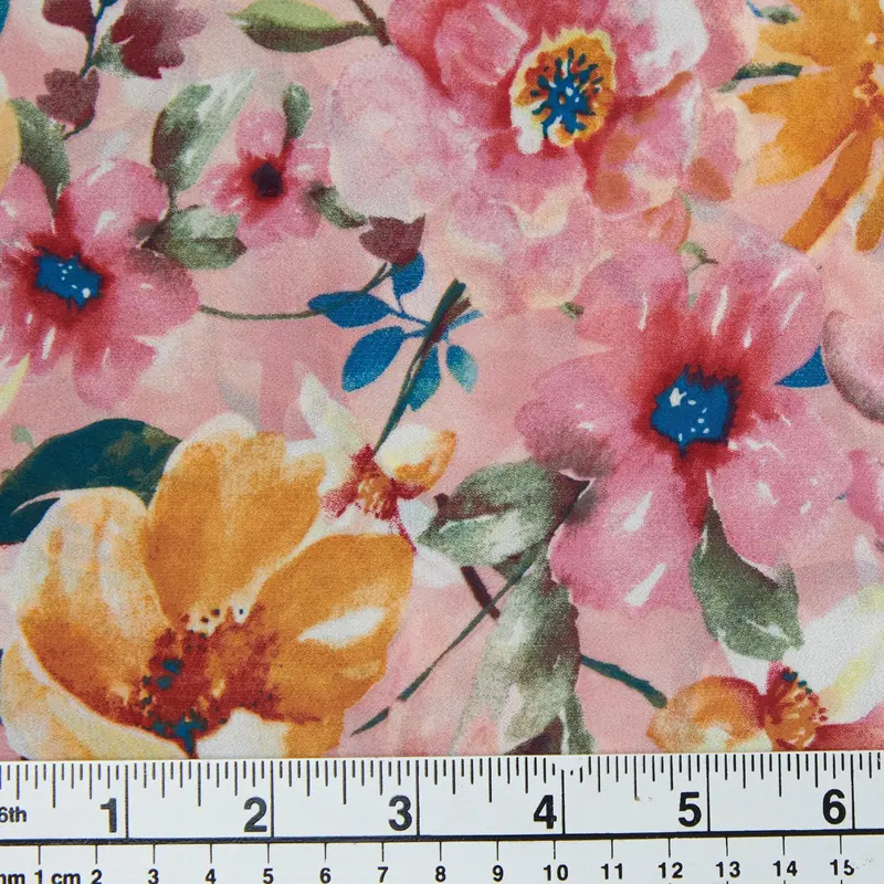 Printed Polyester Chiffon Fabric, Pink Floral- Width 150Cm 1