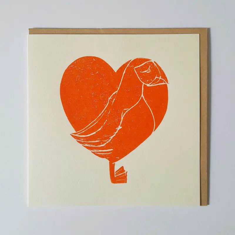 Puffin Heart Burnt Orange Greeting Card 1
