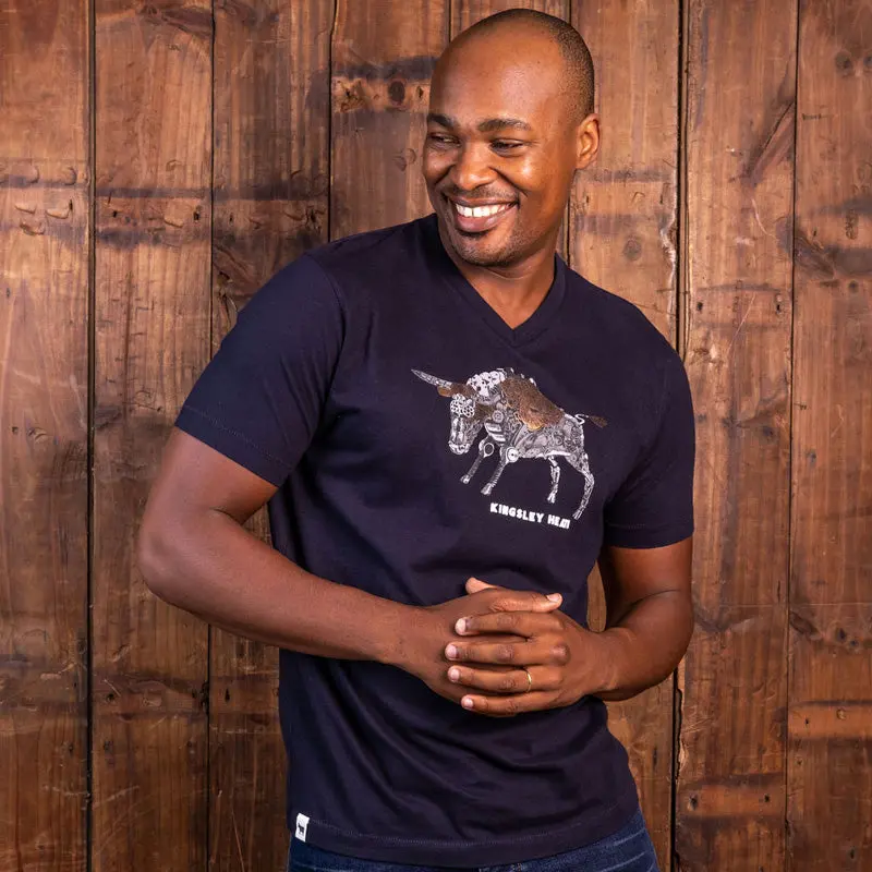 Steampunk Nguni Bull V-Neck Tee Midnight 1
