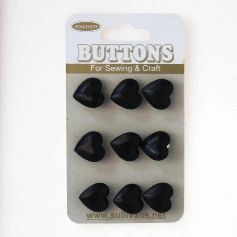 Sullivans Heart Button 9Pc, Black- 11Mm 1