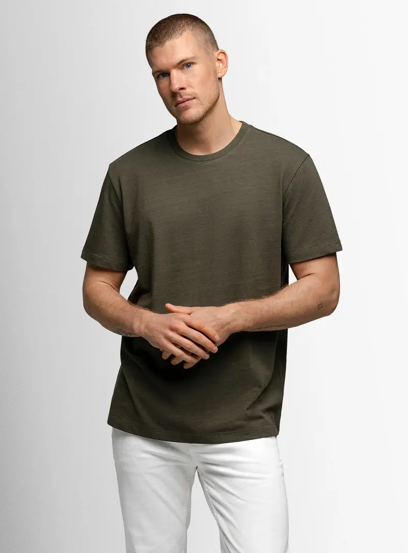 Turin Cotton/Linen Olive Green Tee 1