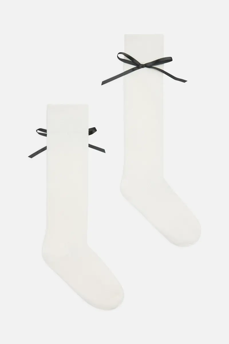 White Knee High Bow Socks 1