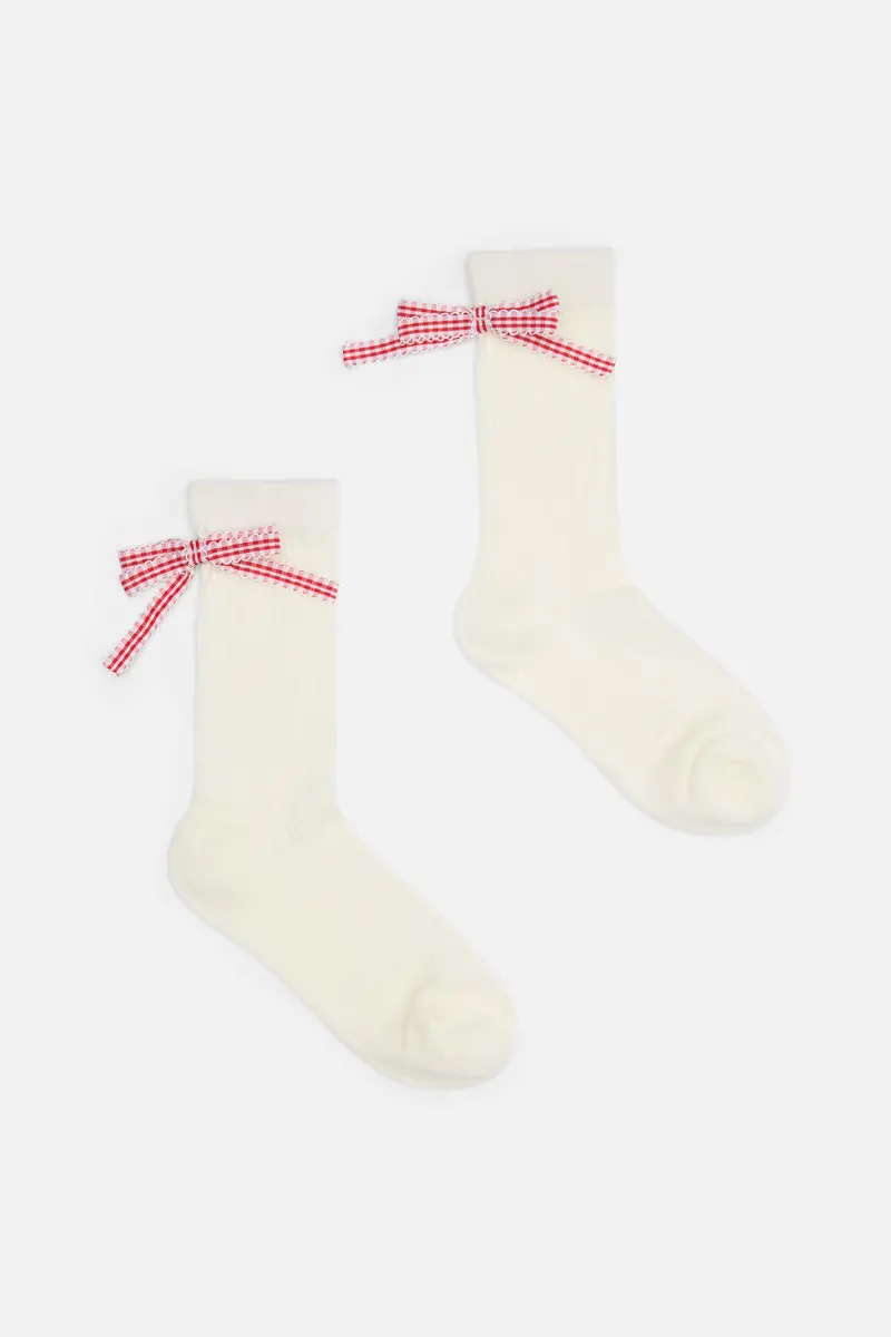 White Rib Socks With Bow 1
